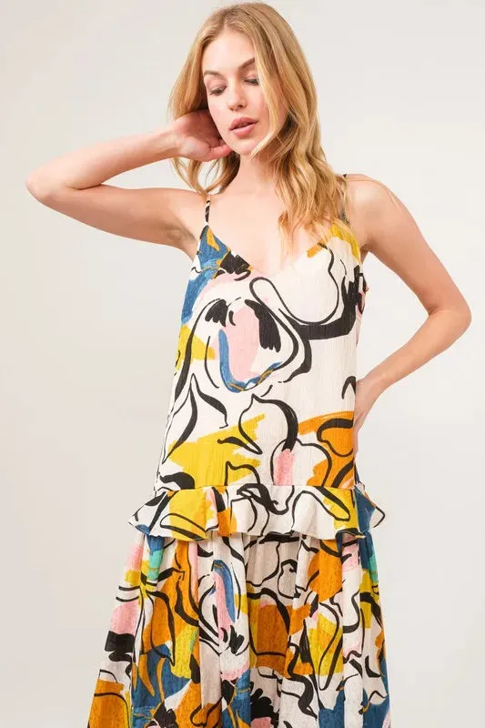 Ruffled Abstract Floral Midi Cami Dress: Feminine & Versatile