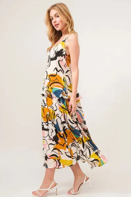 Ruffled Abstract Floral Midi Cami Dress: Feminine & Versatile