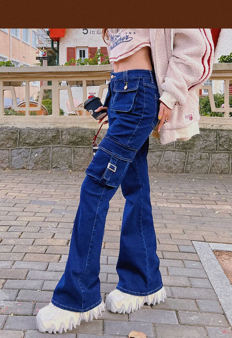 Rylee Denim Jeans Flare Cargo Multi Pocket High Waisted Pants