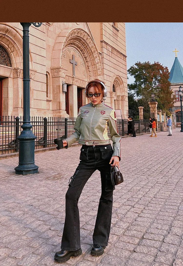 Rylee Denim Jeans Flare Cargo Multi Pocket High Waisted Pants