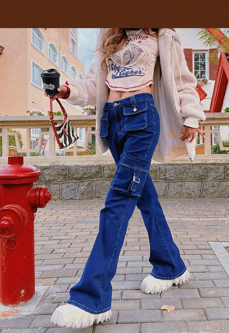 Rylee Denim Jeans Flare Cargo Multi Pocket High Waisted Pants