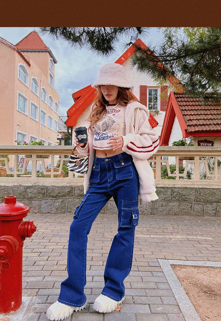 Rylee Denim Jeans Flare Cargo Multi Pocket High Waisted Pants