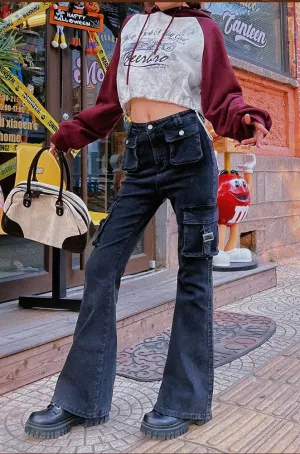 Rylee Denim Jeans Flare Cargo Multi Pocket High Waisted Pants