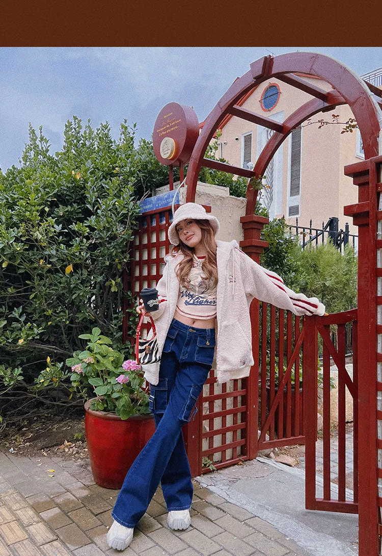 Rylee Denim Jeans Flare Cargo Multi Pocket High Waisted Pants