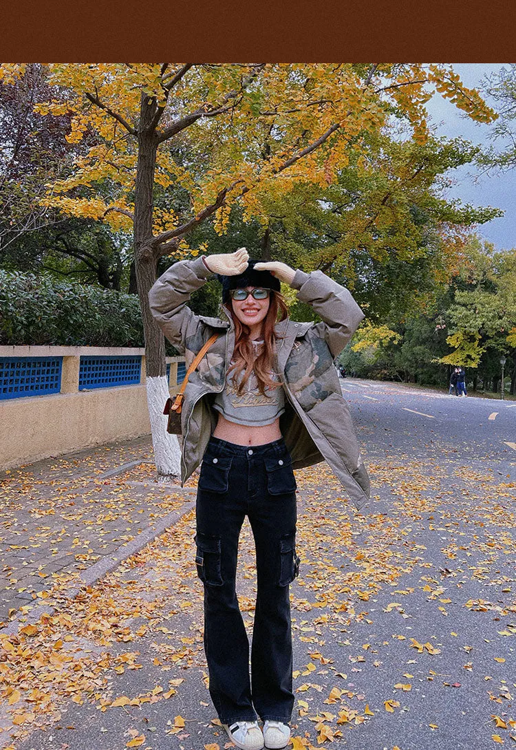 Rylee Denim Jeans Flare Cargo Multi Pocket High Waisted Pants