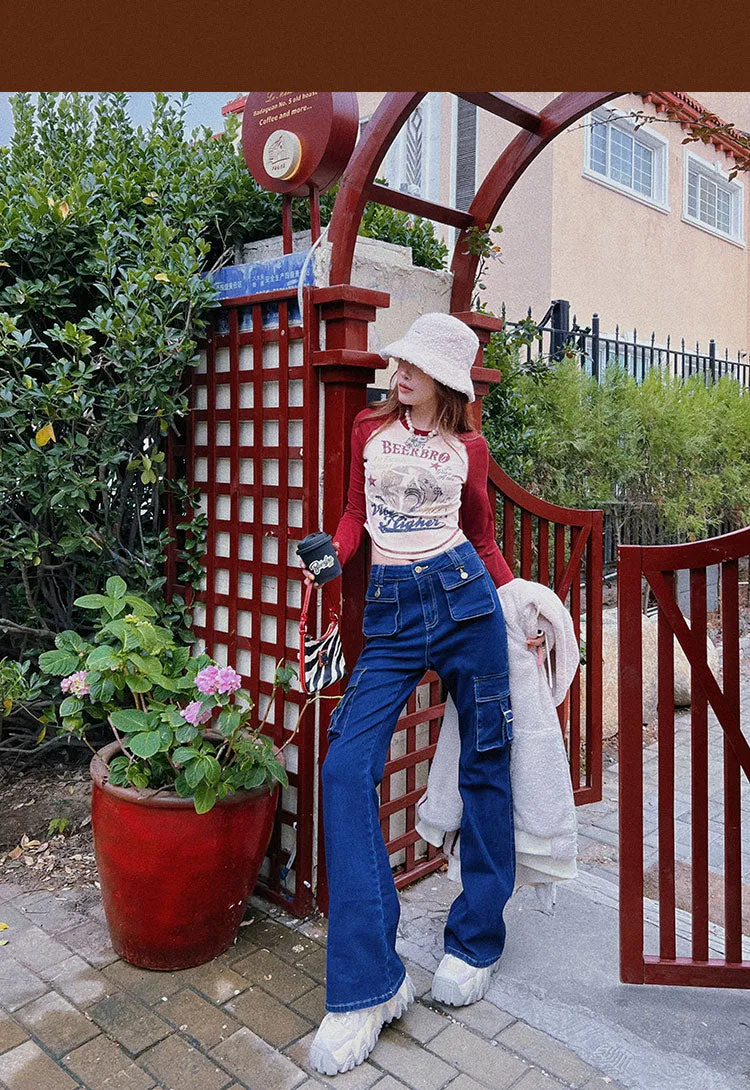 Rylee Denim Jeans Flare Cargo Multi Pocket High Waisted Pants