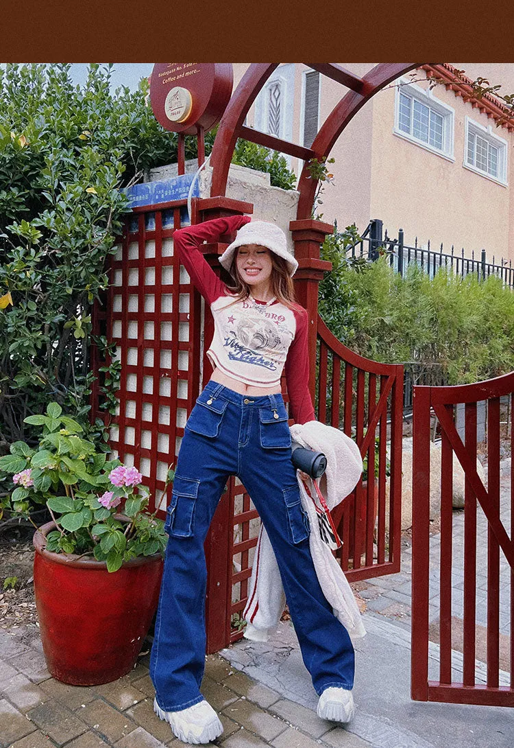 Rylee Denim Jeans Flare Cargo Multi Pocket High Waisted Pants