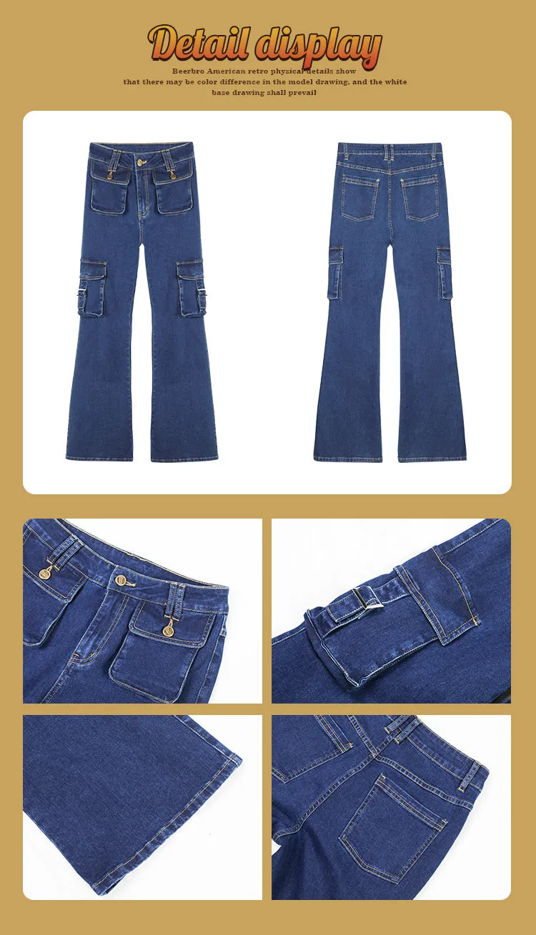 Rylee Denim Jeans Flare Cargo Multi Pocket High Waisted Pants