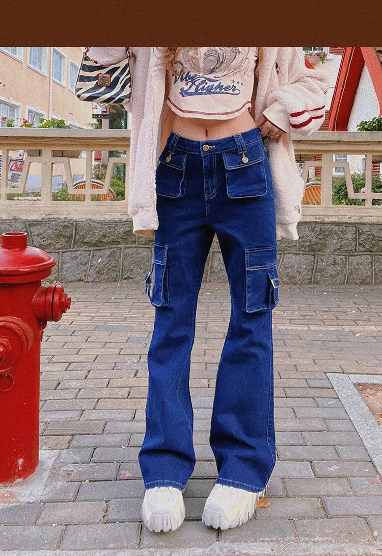 Rylee Denim Jeans Flare Cargo Multi Pocket High Waisted Pants