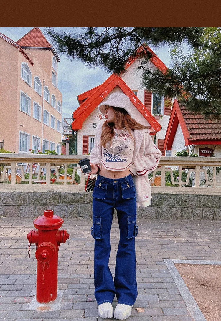 Rylee Denim Jeans Flare Cargo Multi Pocket High Waisted Pants
