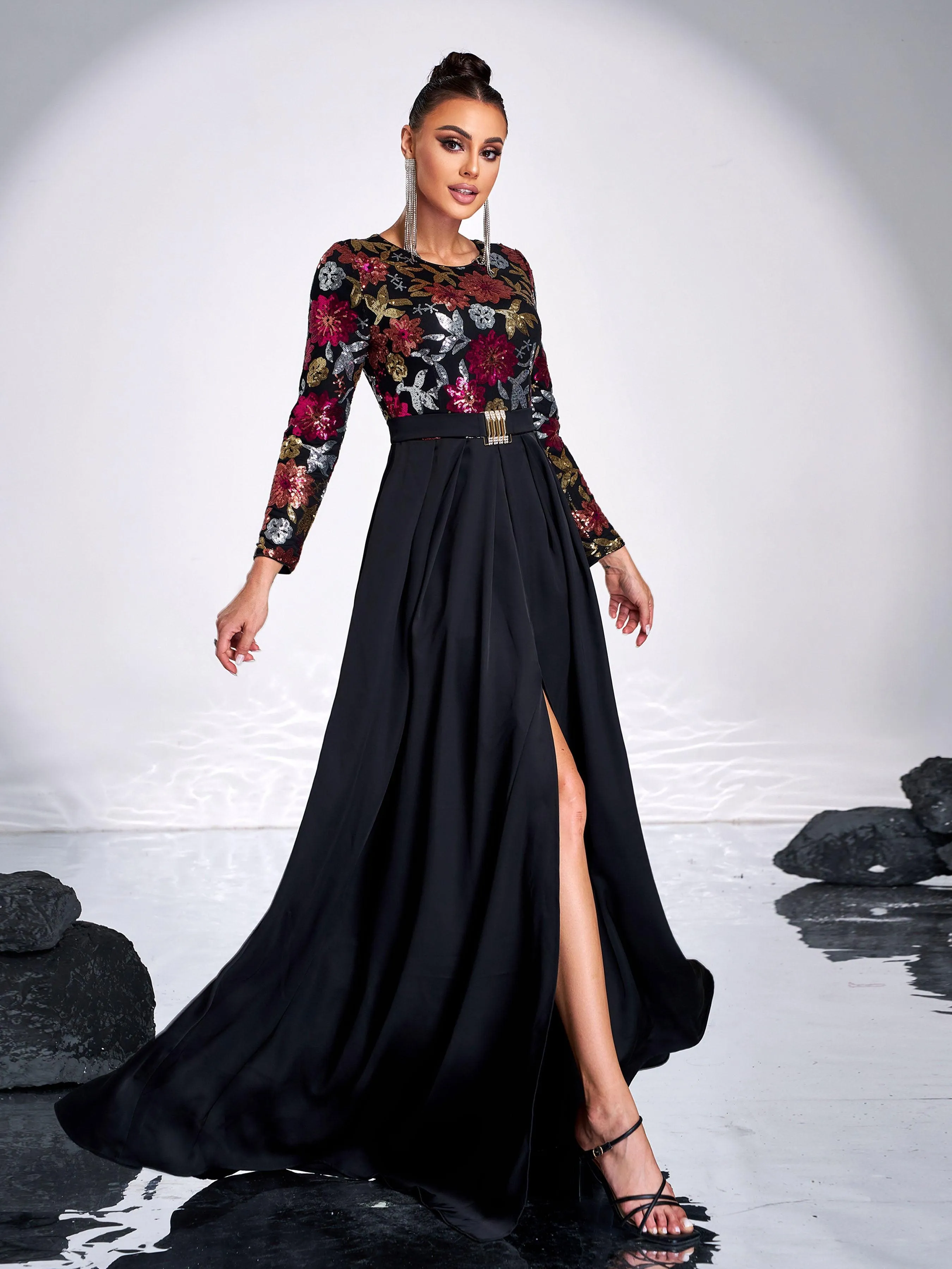 Sequin Floral Long Sleeve Prom Dress GM00585