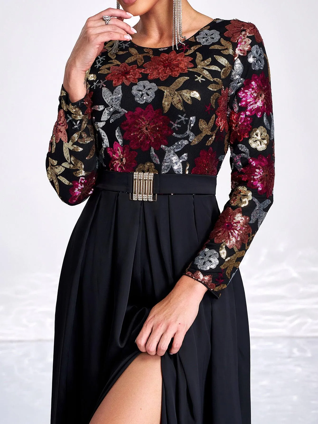 Sequin Floral Long Sleeve Prom Dress GM00585