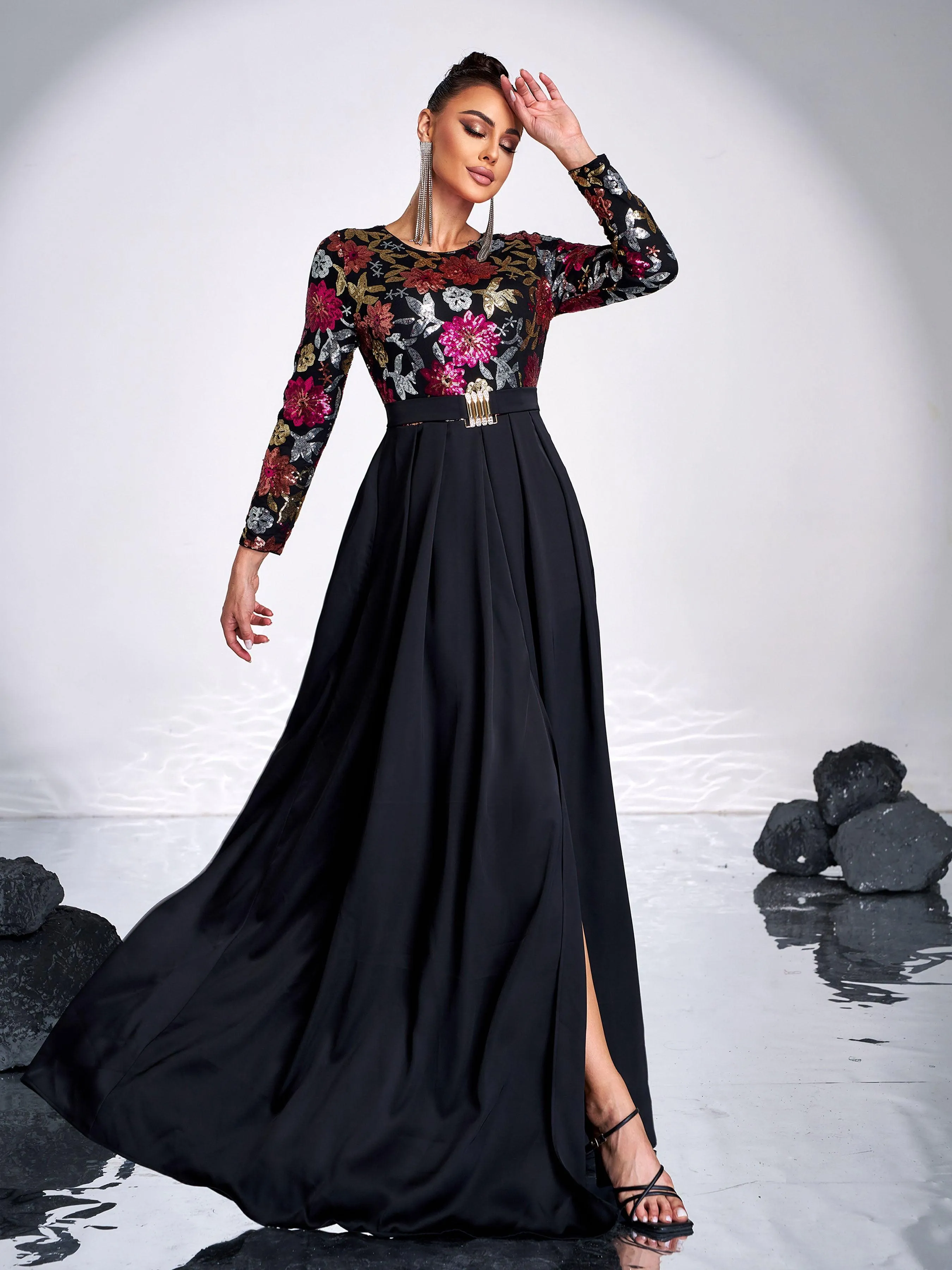 Sequin Floral Long Sleeve Prom Dress GM00585