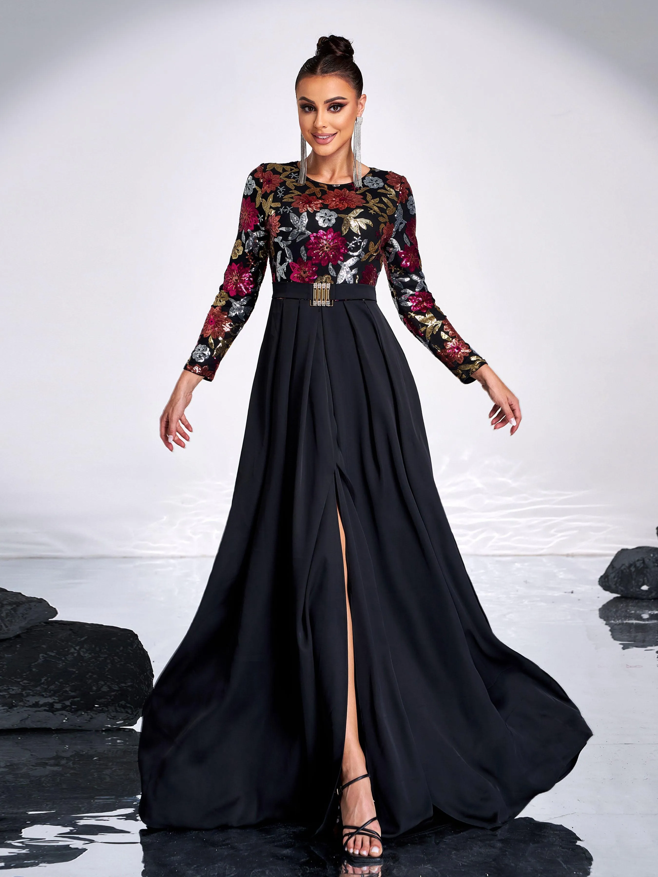 Sequin Floral Long Sleeve Prom Dress GM00585