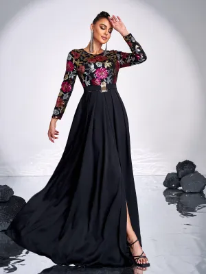 Sequin Floral Long Sleeve Prom Dress GM00585