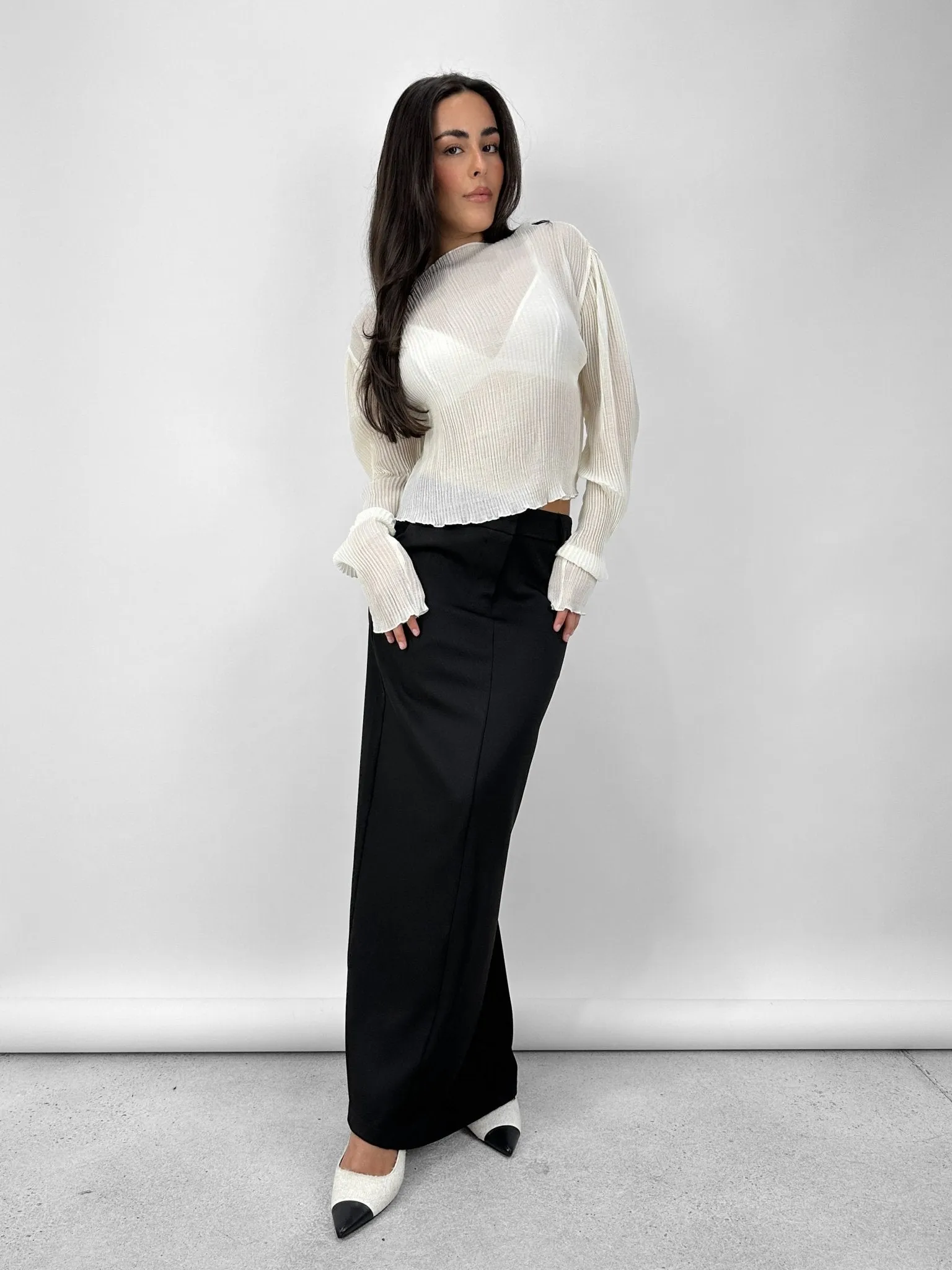 Sheer Plissé Long Sleeve Top