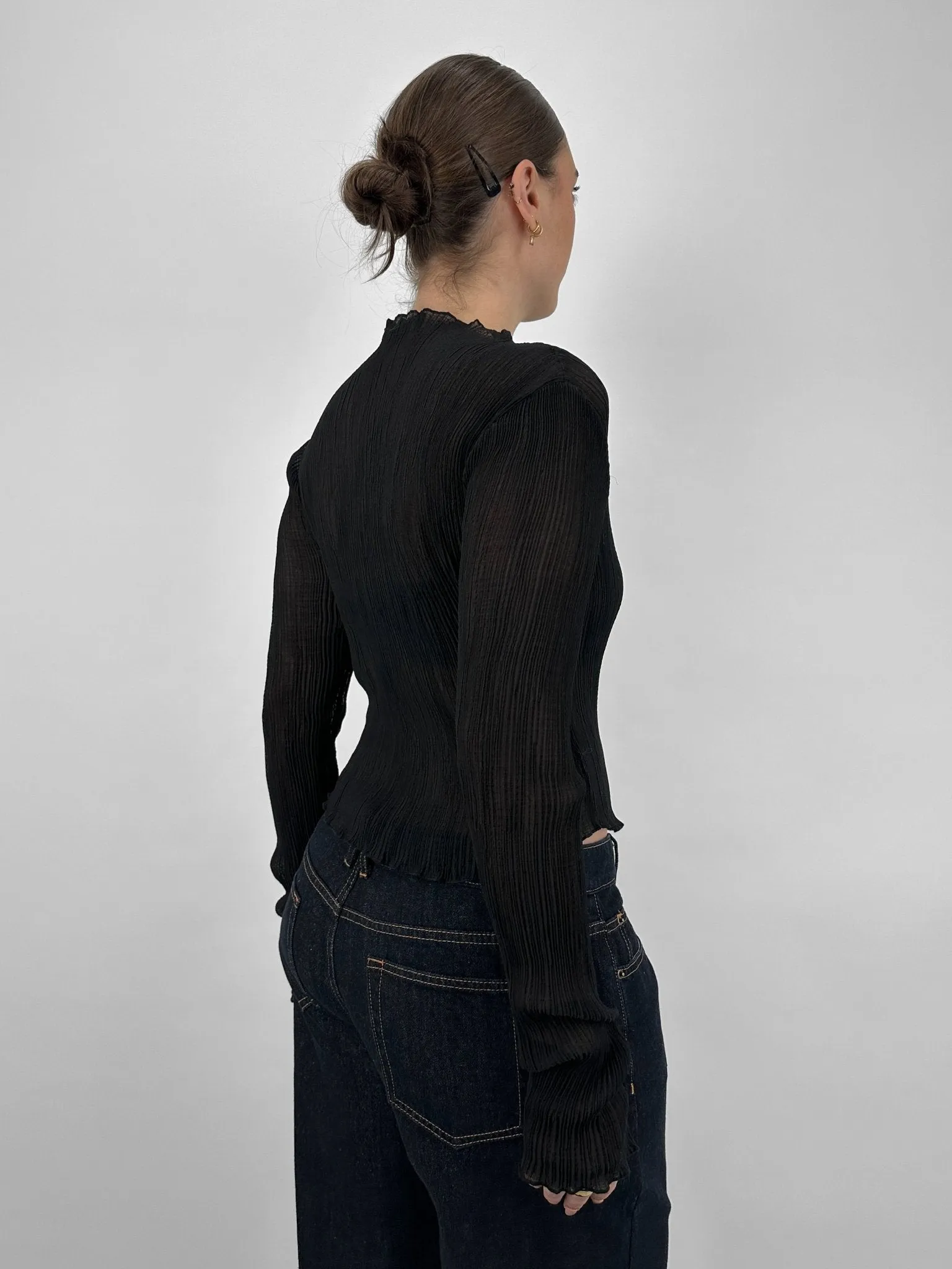 Sheer Plissé Long Sleeve Top