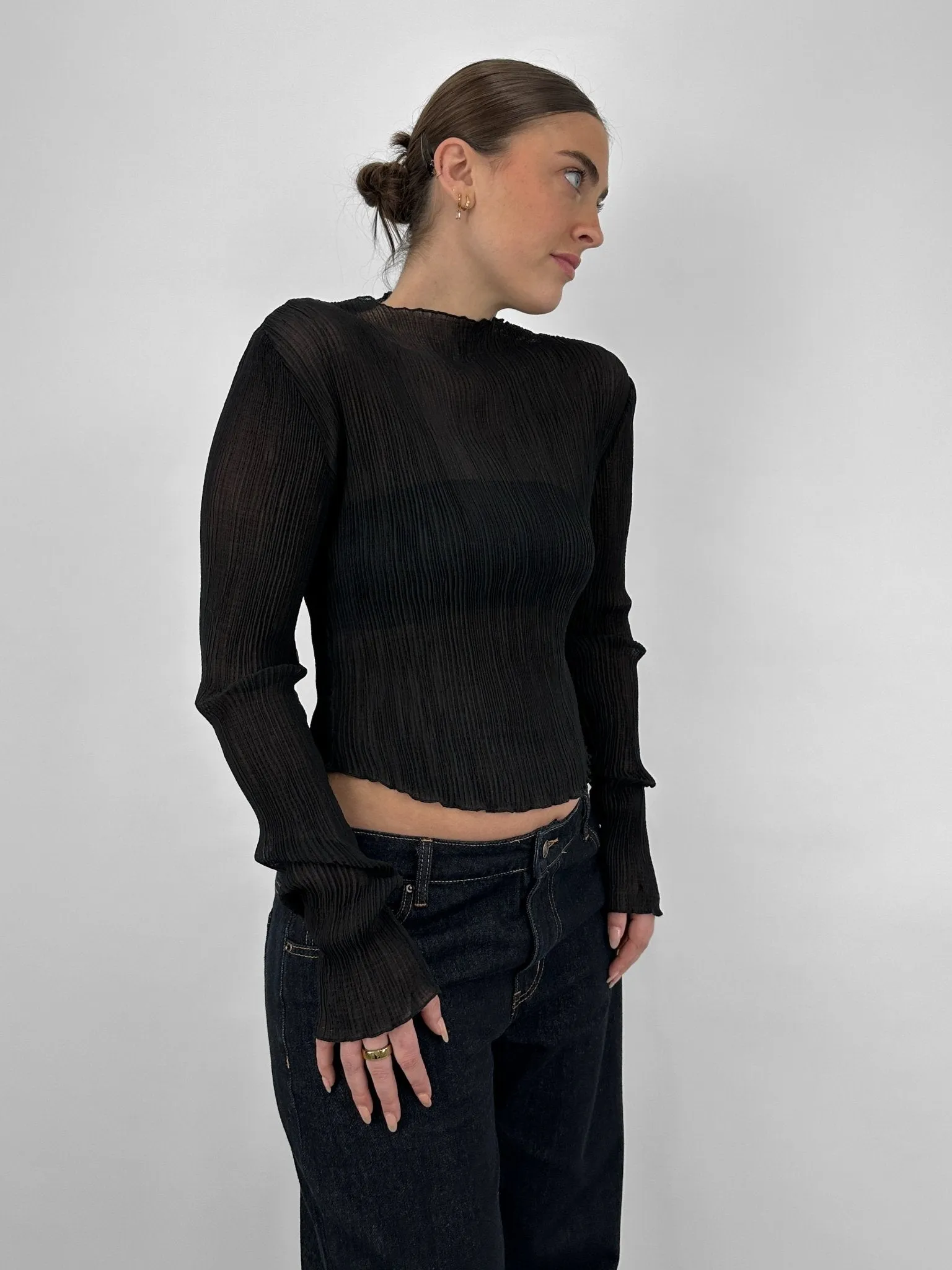 Sheer Plissé Long Sleeve Top