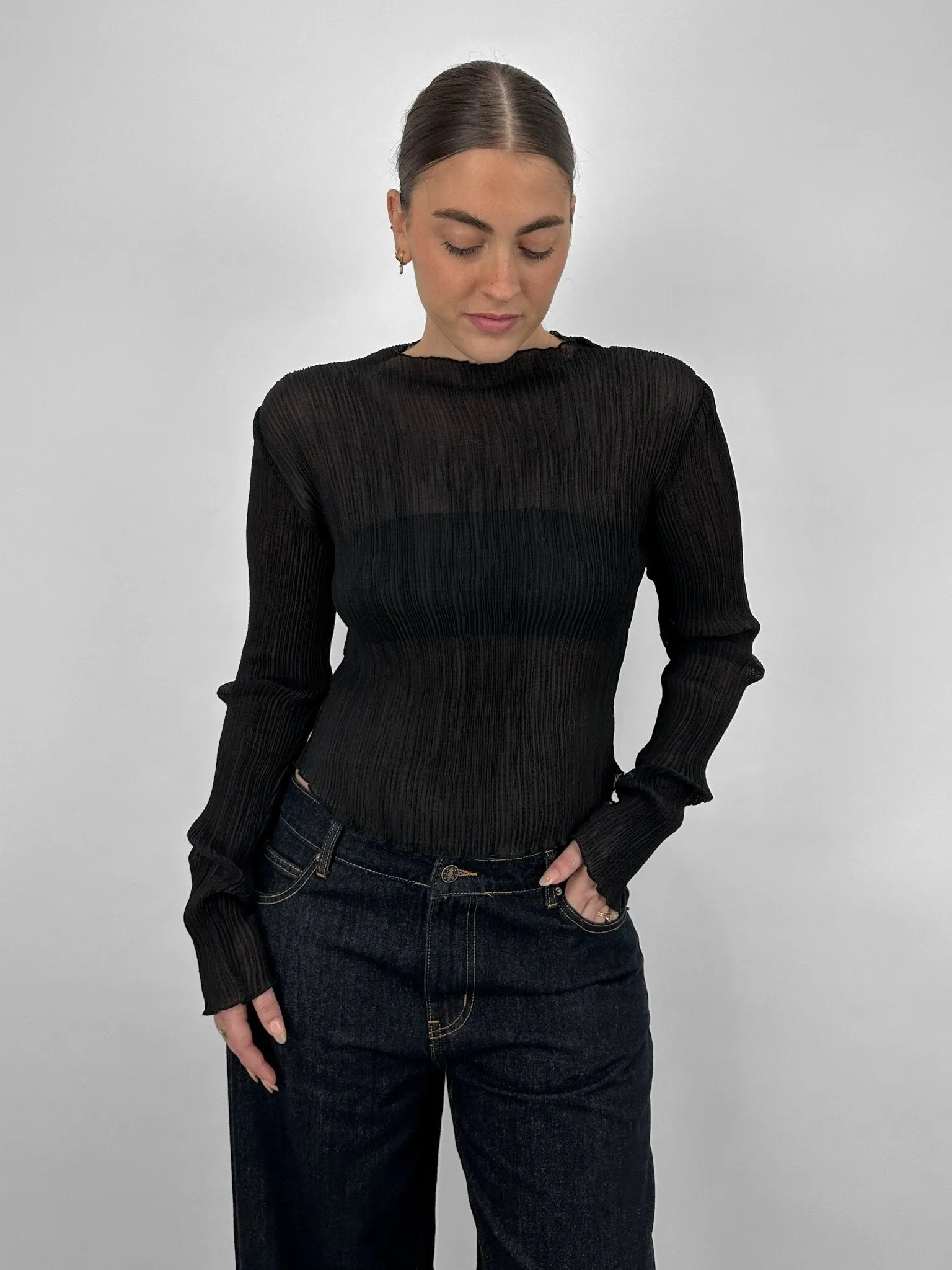 Sheer Plissé Long Sleeve Top