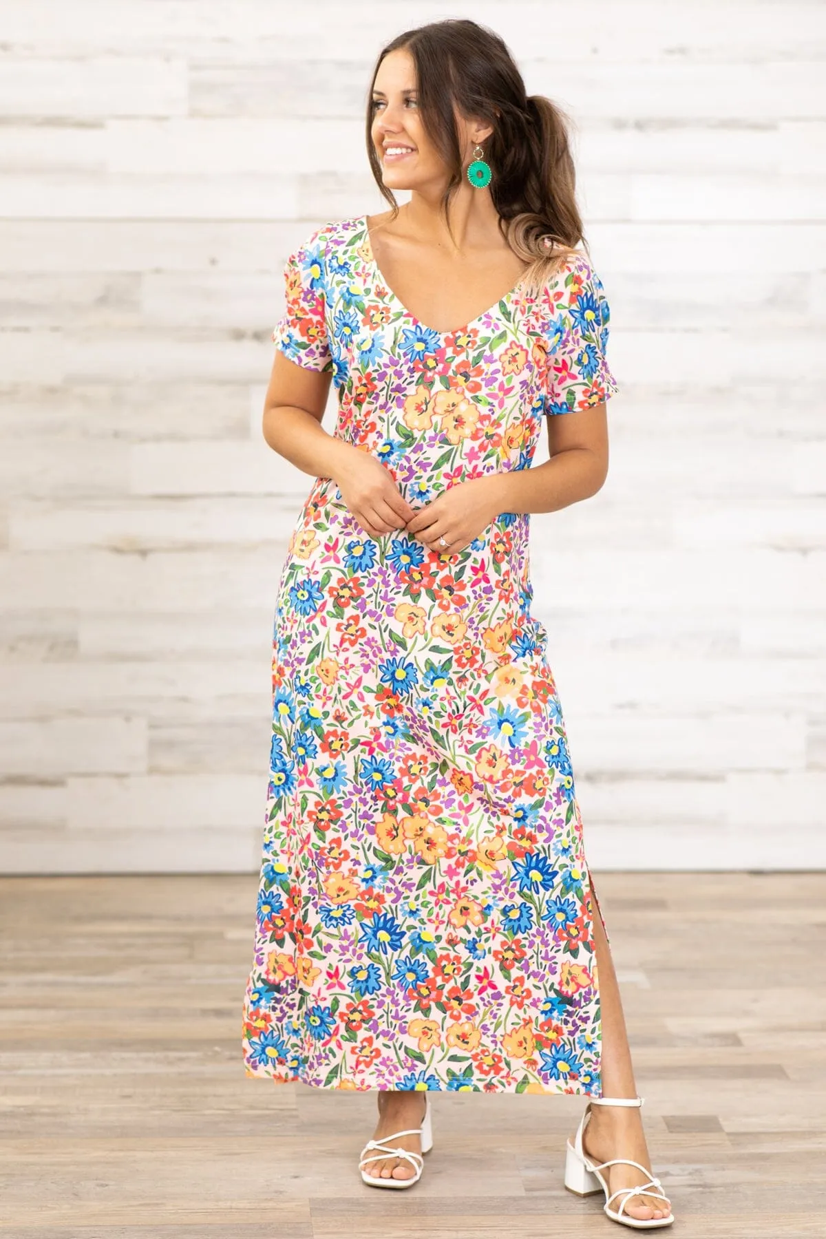 Sky Blue and Pink Floral Print Maxi Dress