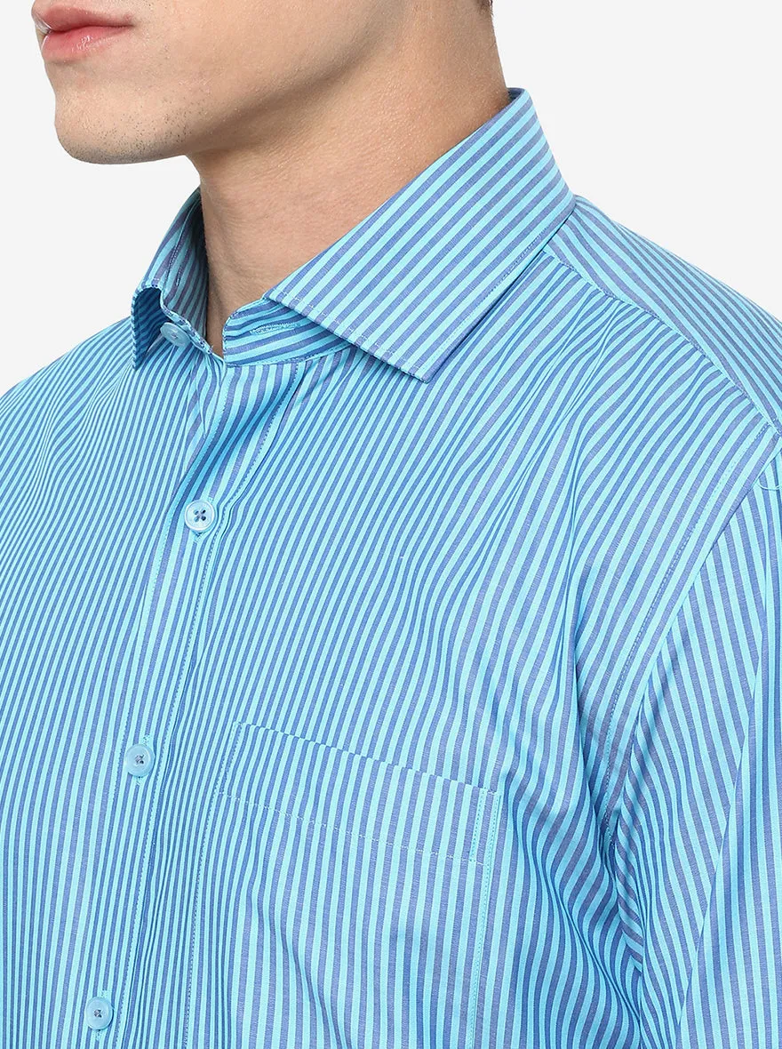 Sky Blue Striped Regular Fit Formal Shirt | JadeBlue