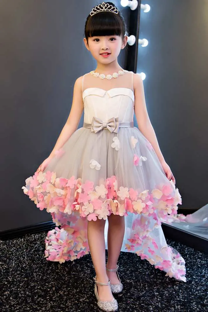 Sleeveless Pearl Neckline High Low Tulle Dress With Flowers-402462