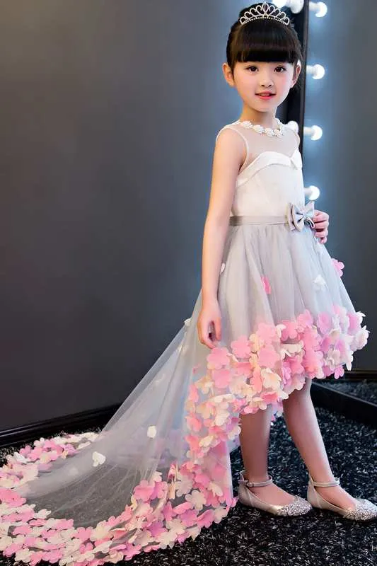 Sleeveless Pearl Neckline High Low Tulle Dress With Flowers-402462