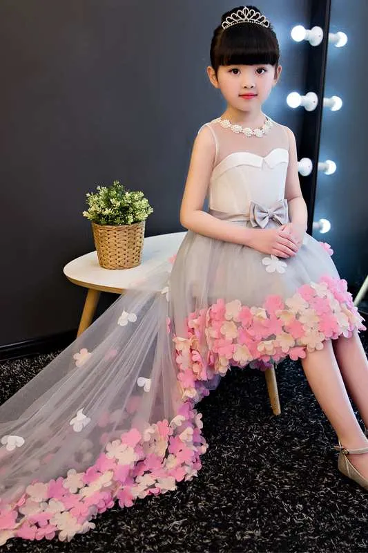 Sleeveless Pearl Neckline High Low Tulle Dress With Flowers-402462