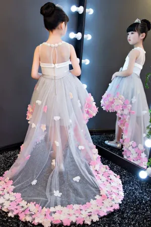 Sleeveless Pearl Neckline High Low Tulle Dress With Flowers-402462