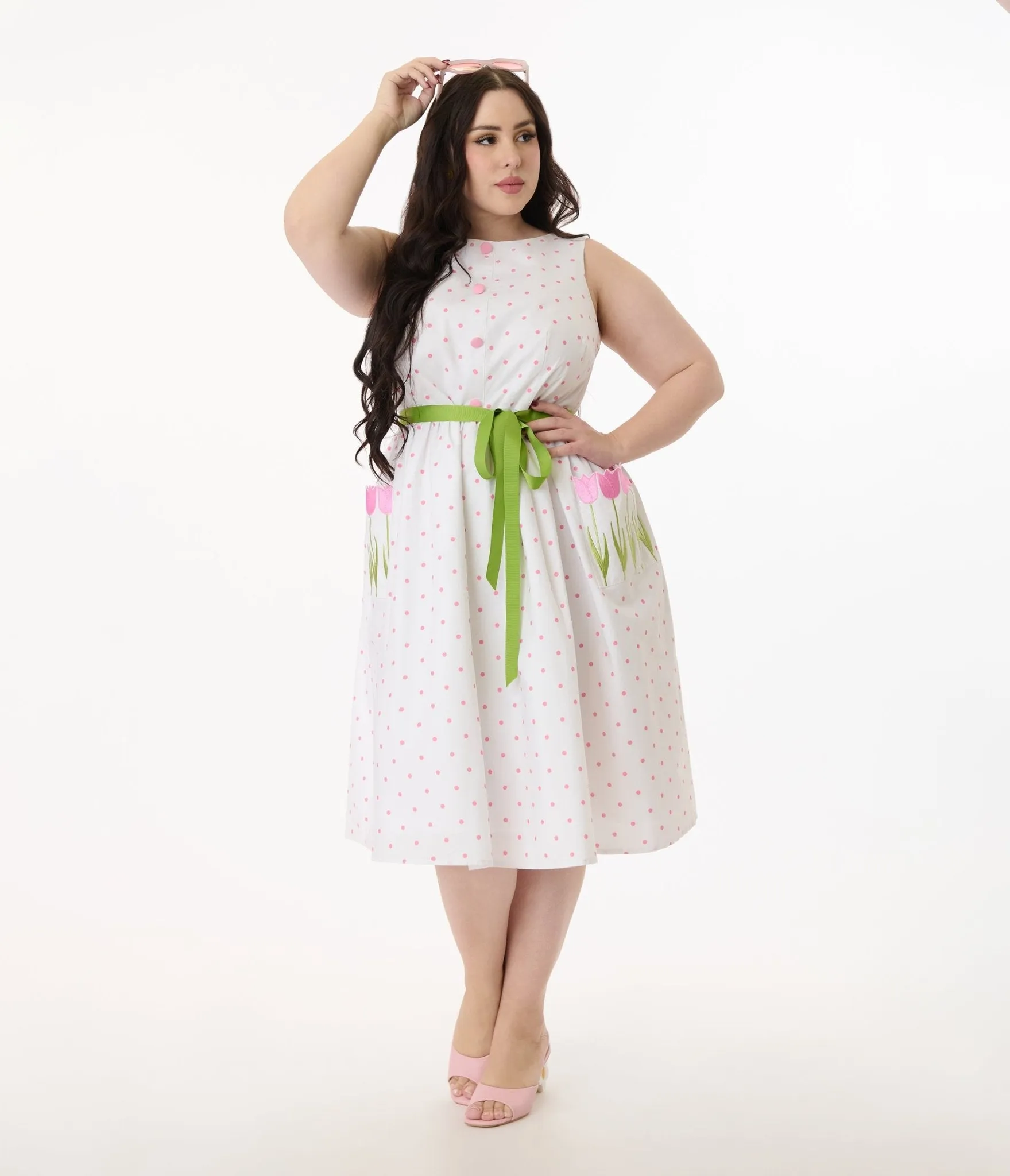 Smak Parlour Plus Size Pink Pin Dot Tulip Sleeveless Swing Dress