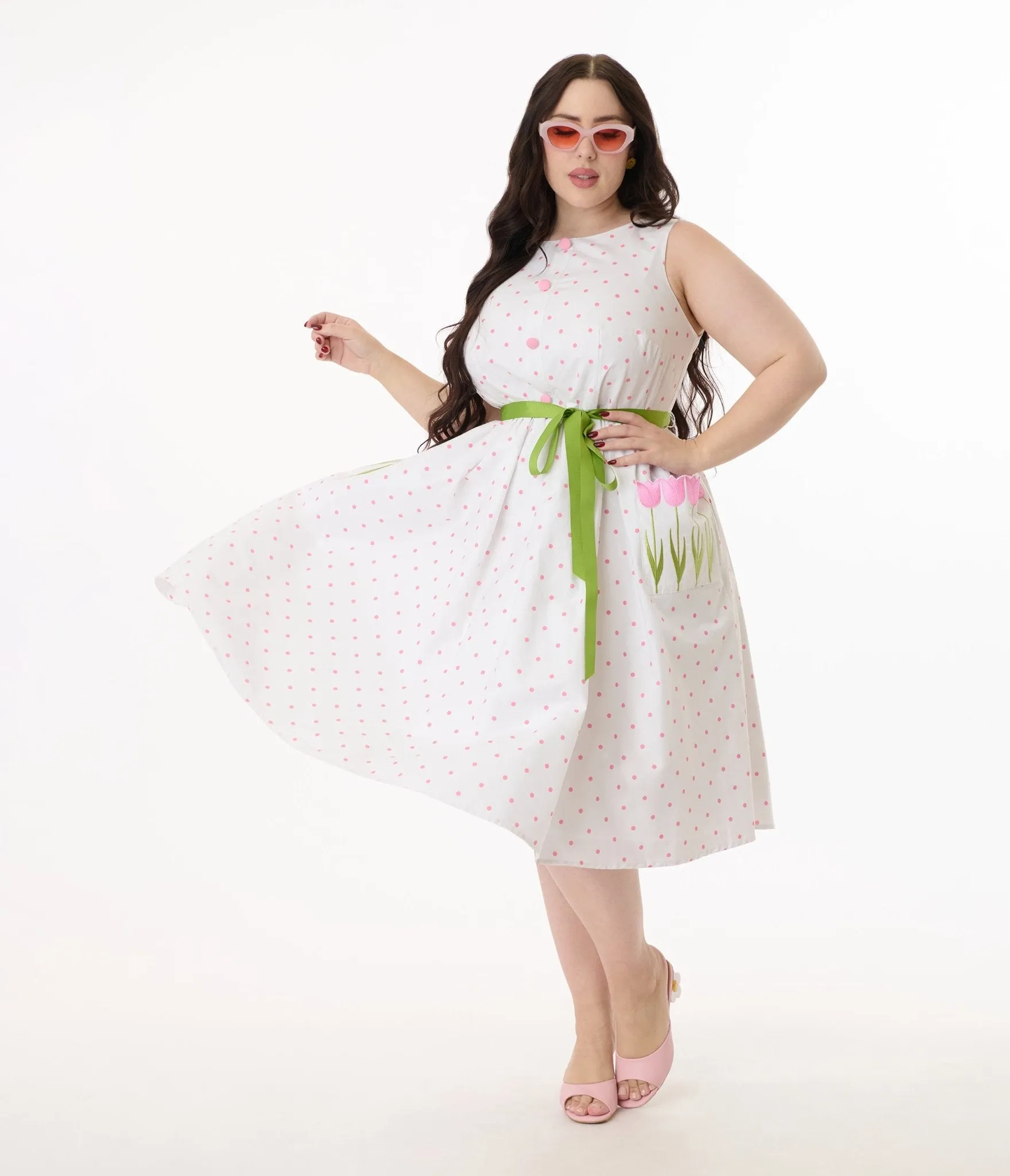 Smak Parlour Plus Size Pink Pin Dot Tulip Sleeveless Swing Dress