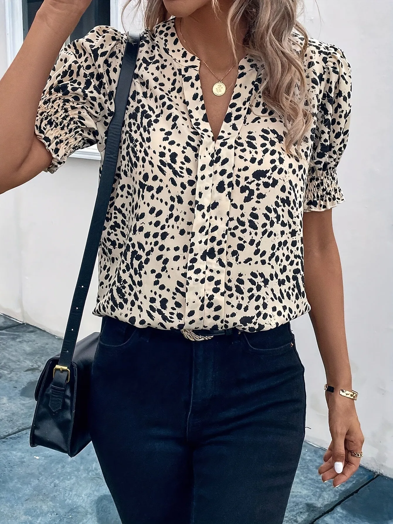 Sofia™ | Chic Puff Sleeve Notch Shirt