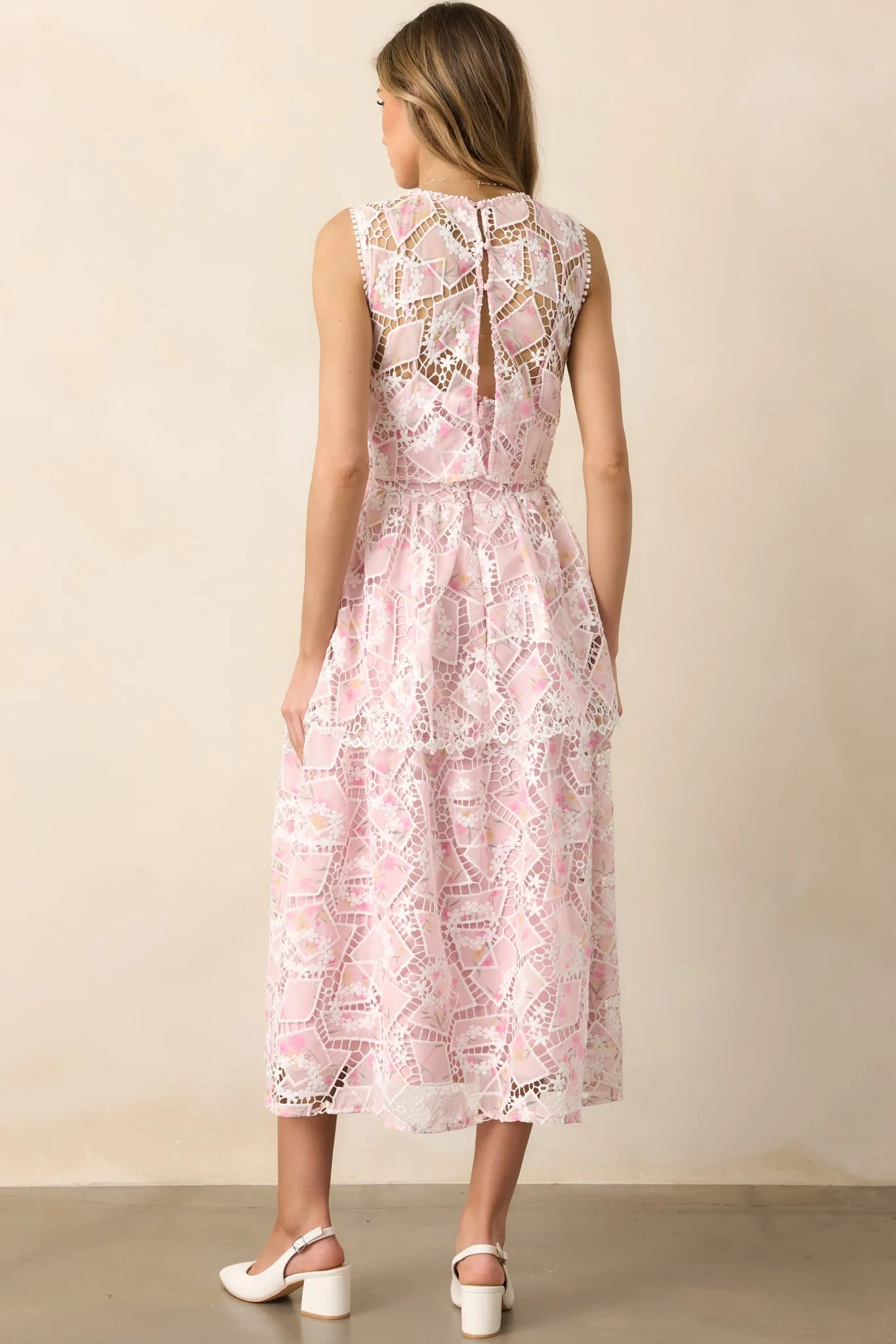 Something Nice Light Pink Floral Embroidered Midi Dress