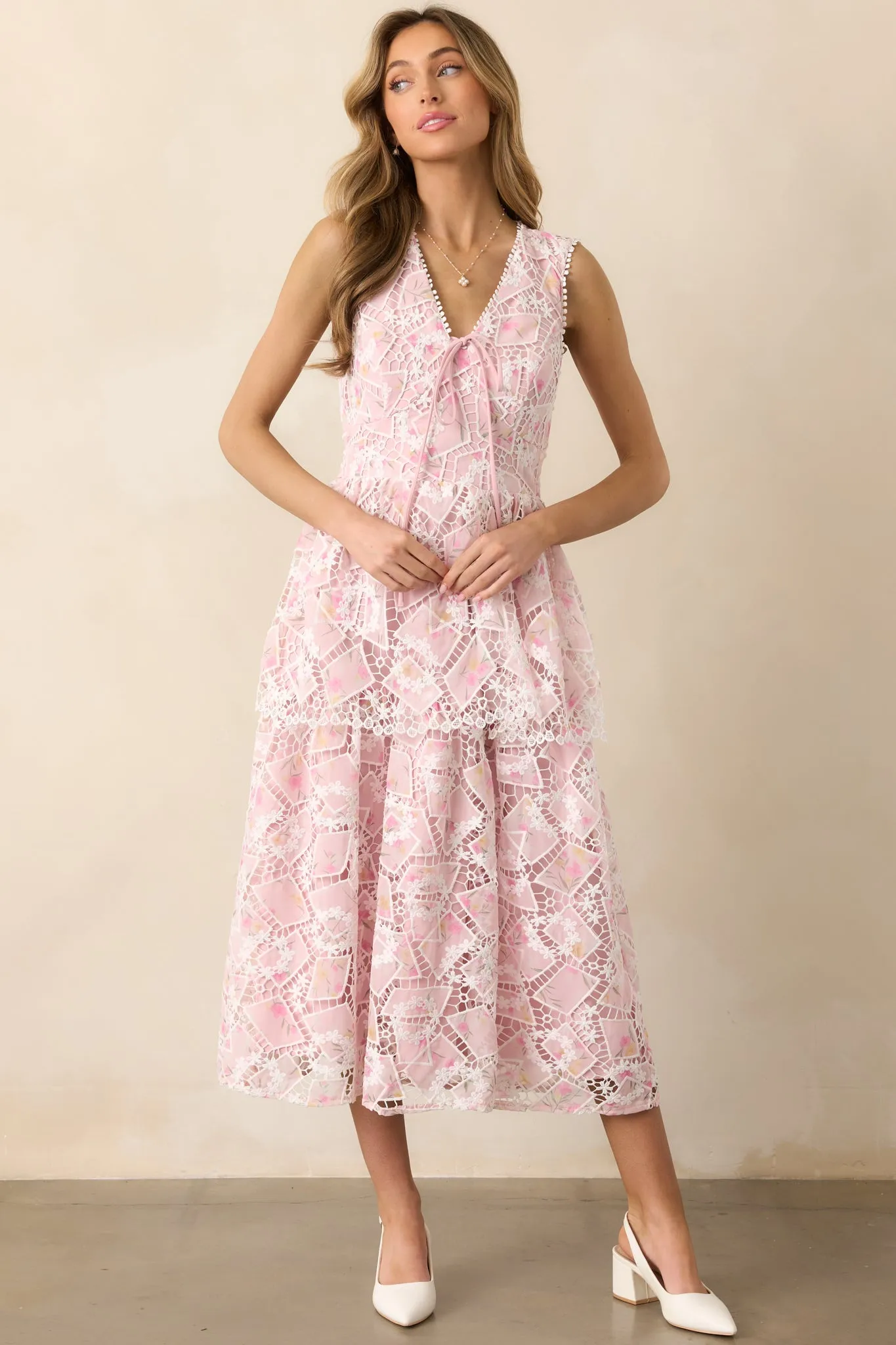 Something Nice Light Pink Floral Embroidered Midi Dress