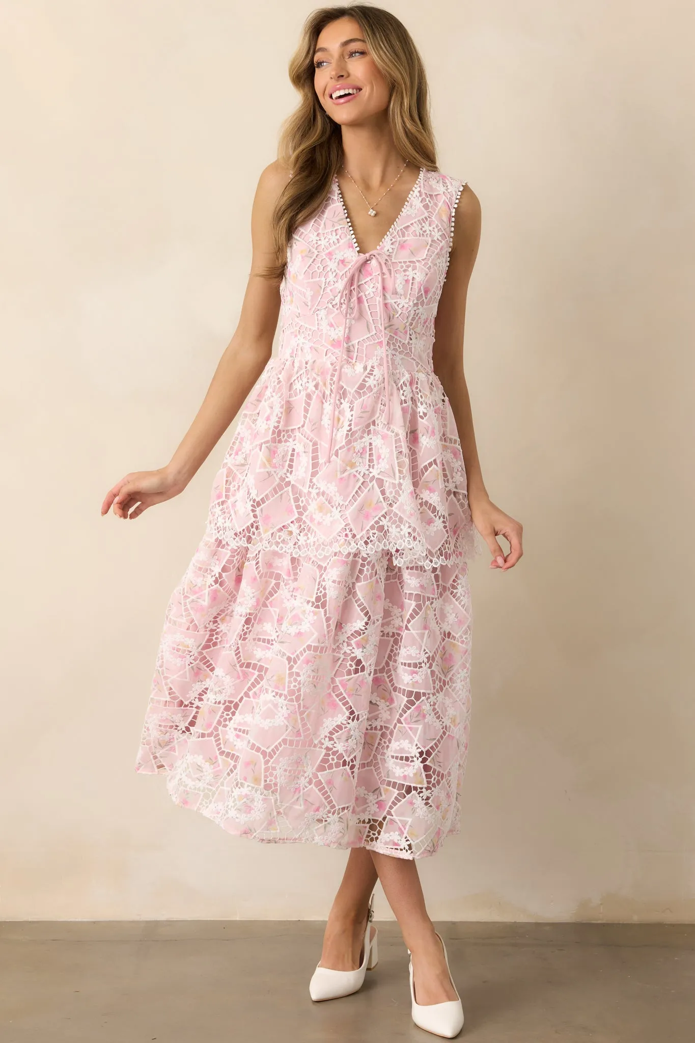 Something Nice Light Pink Floral Embroidered Midi Dress