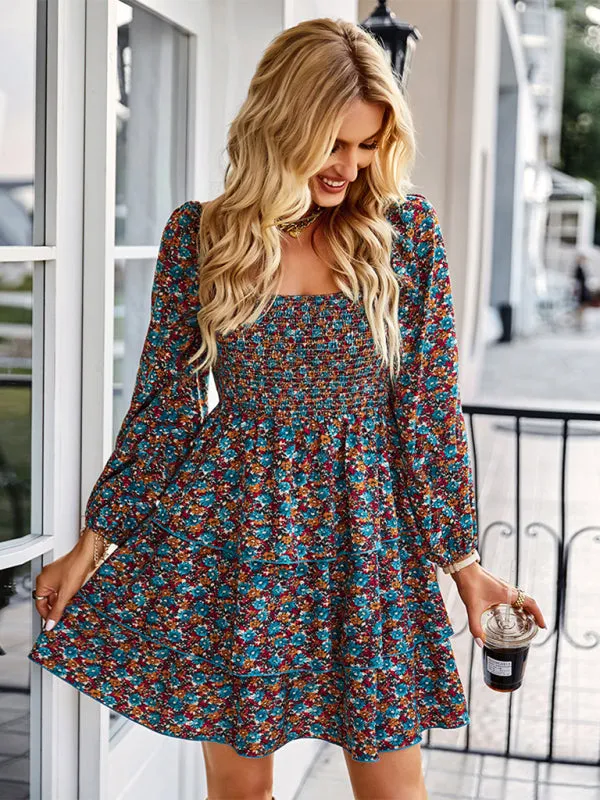 Square Neck Floral Print Dress with Tiered Ruffles