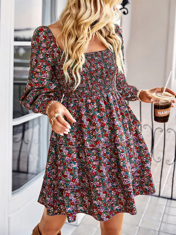 Square Neck Floral Print Dress with Tiered Ruffles