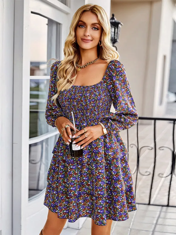 Square Neck Floral Print Dress with Tiered Ruffles