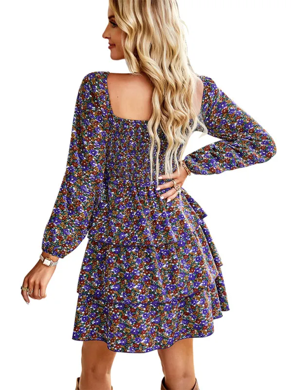 Square Neck Floral Print Dress with Tiered Ruffles