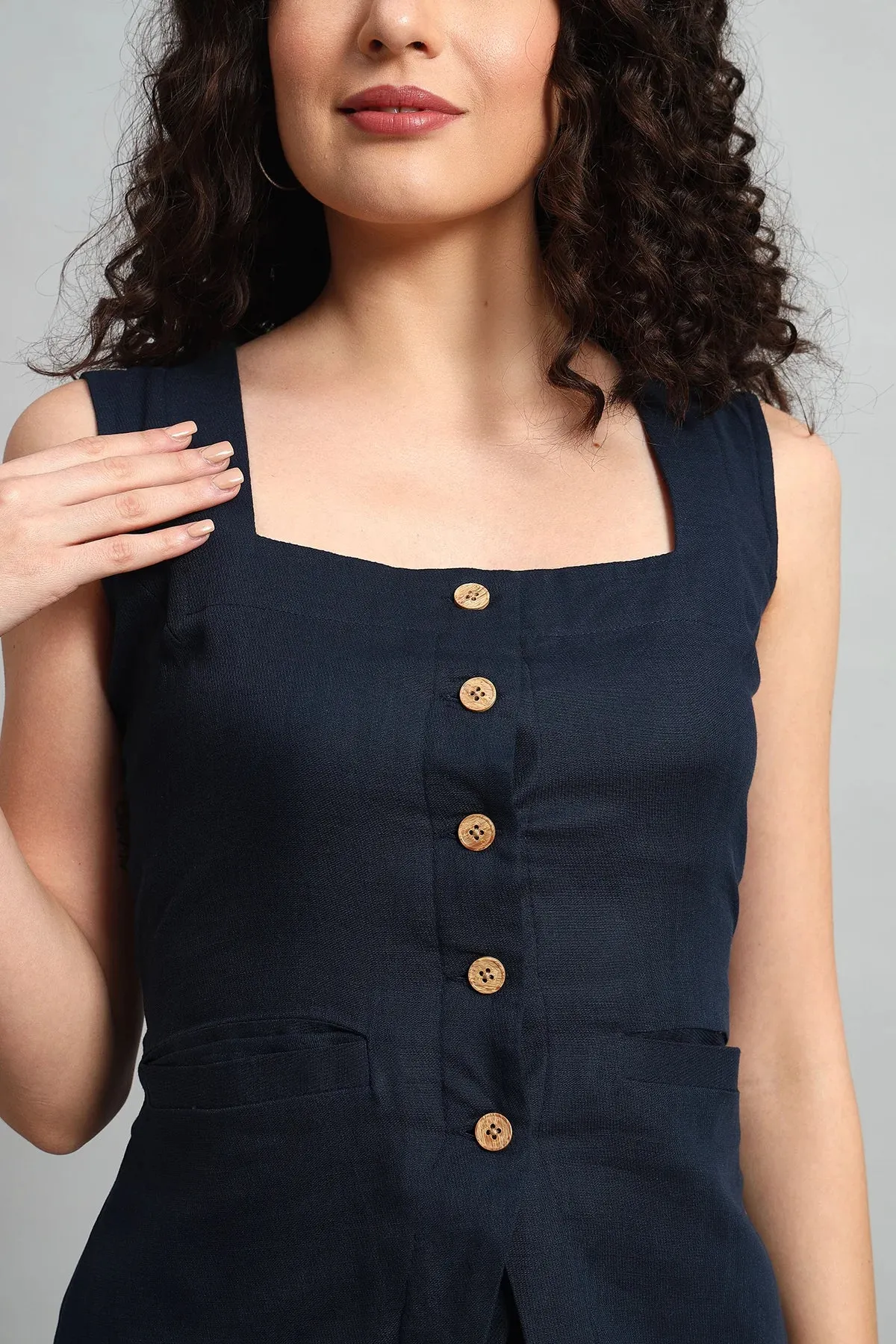 Square Neck Linen Vest, Navy Blue
