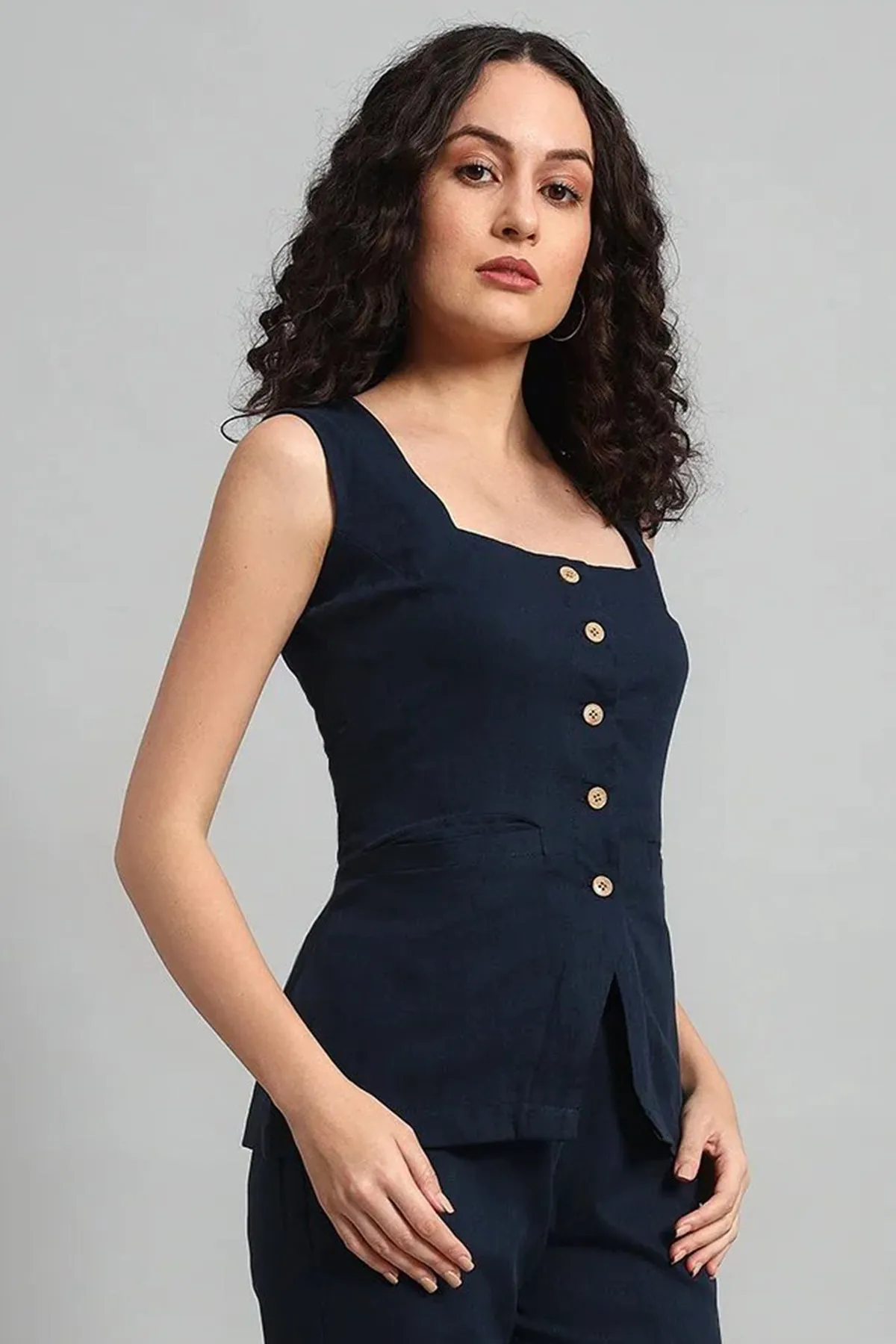 Square Neck Linen Vest, Navy Blue