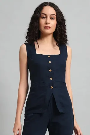 Square Neck Linen Vest, Navy Blue
