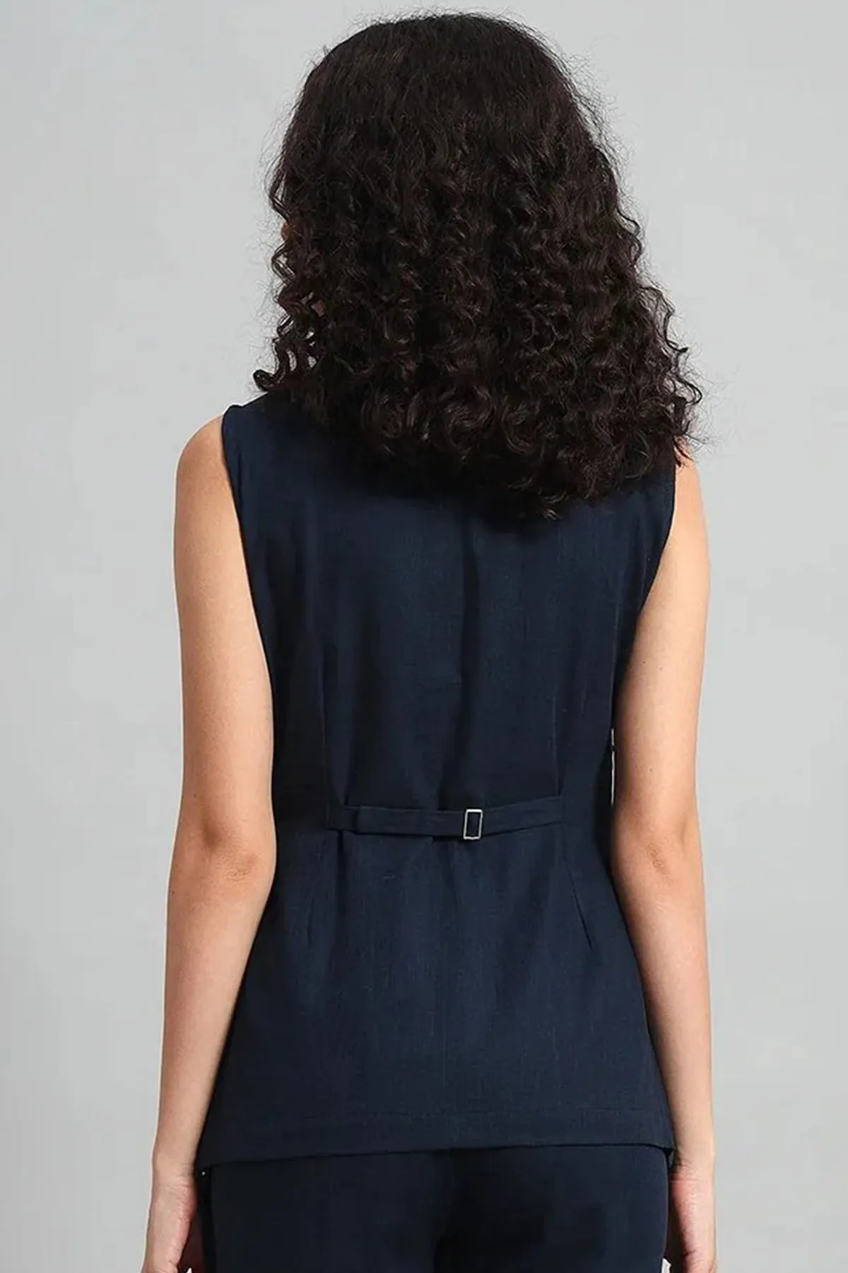 Square Neck Linen Vest, Navy Blue