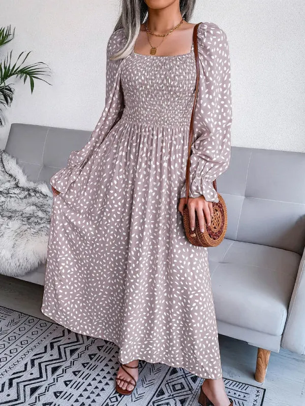 Square Neck Maxi Dress with Smocked Bodice and Polka Dot Print