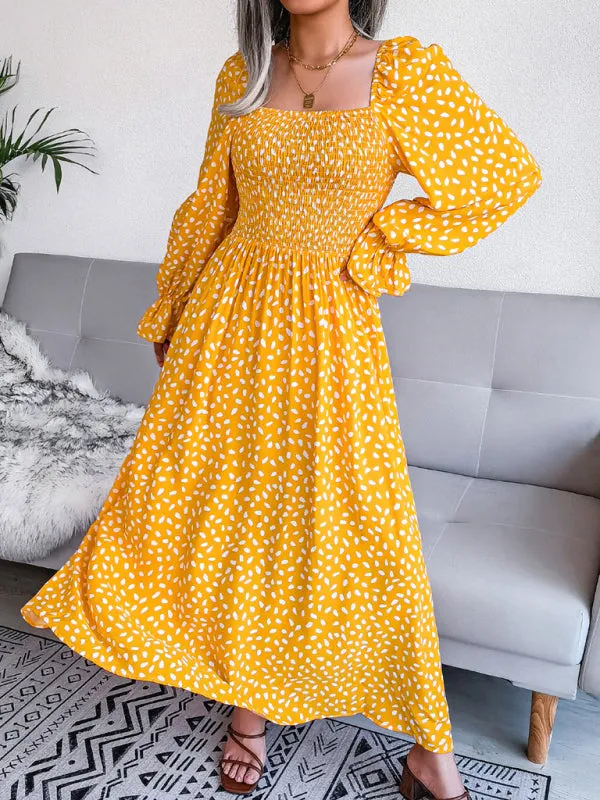 Square Neck Maxi Dress with Smocked Bodice and Polka Dot Print