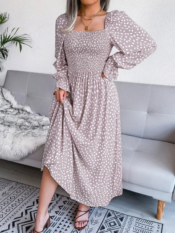 Square Neck Maxi Dress with Smocked Bodice and Polka Dot Print