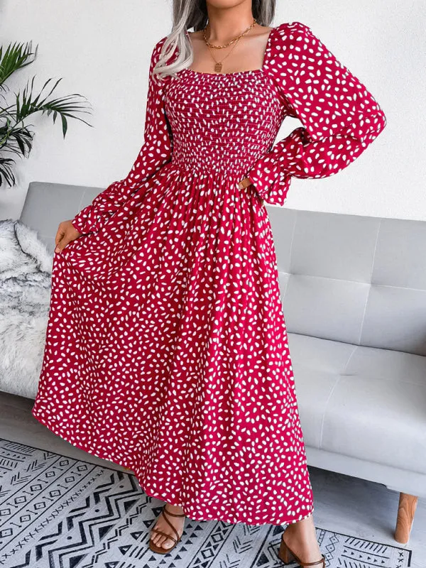 Square Neck Maxi Dress with Smocked Bodice and Polka Dot Print