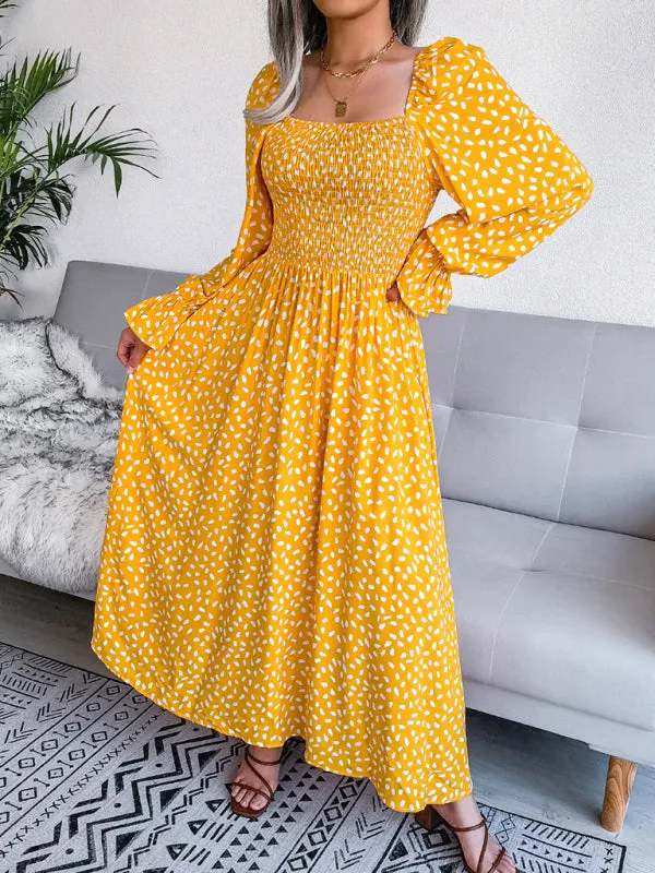 Square Neck Maxi Dress with Smocked Bodice and Polka Dot Print