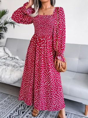 Square Neck Maxi Dress with Smocked Bodice and Polka Dot Print