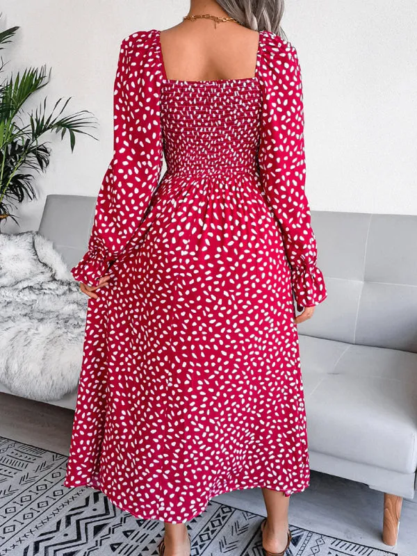 Square Neck Maxi Dress with Smocked Bodice and Polka Dot Print